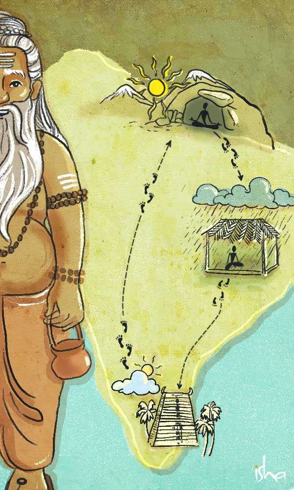 Drawing of Agastya Muni going south from the Himalayas and back